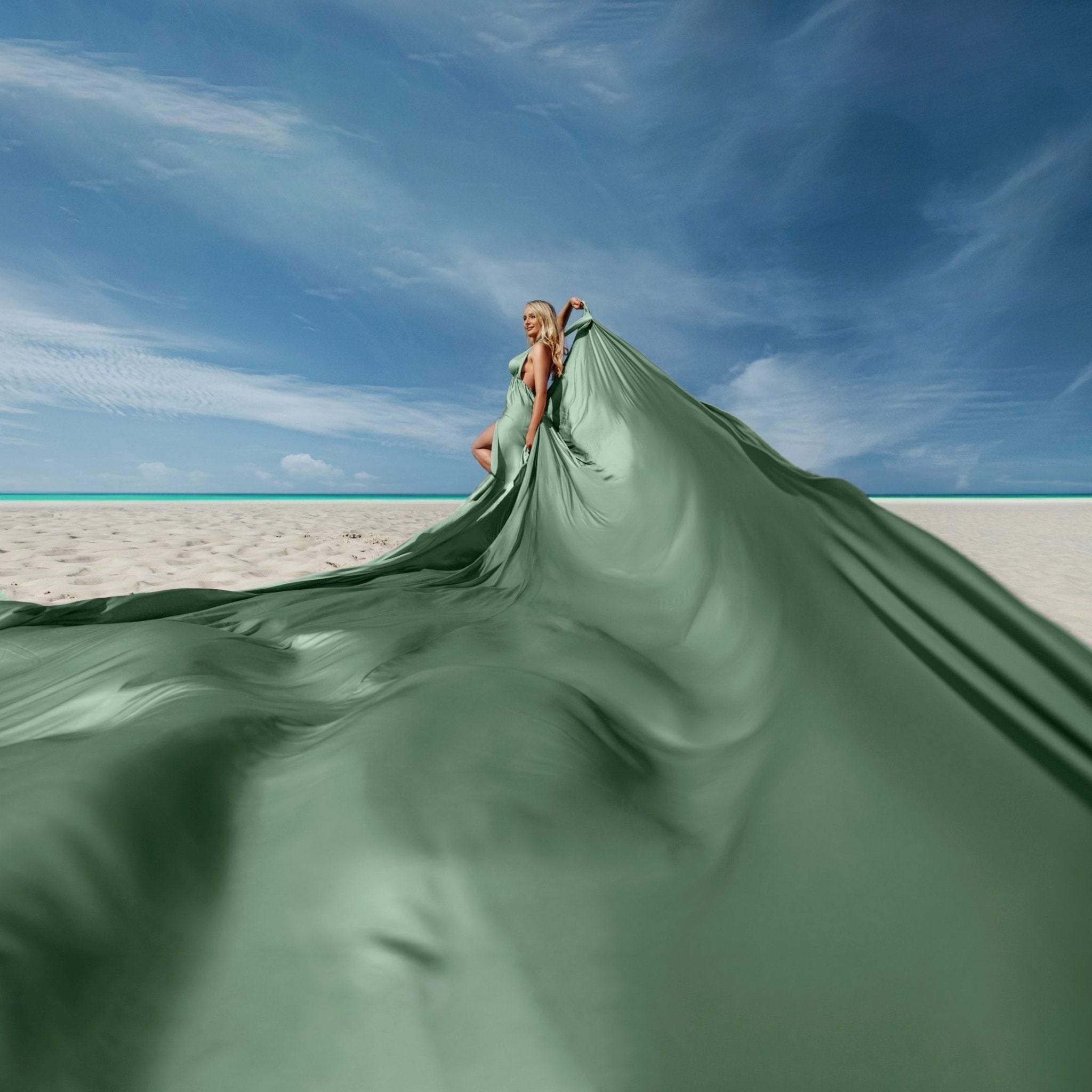 Blue Flying Dress - Photoshoot Gown With Long Flowy Train | Lansy Sage green / length 197 inch (5 m) - length as on the photo Blue Flying Dress - Photoshoot Gown With Long Flowy Train | Lansy Sage green / length 197 inch (5 m) - length as on the photo