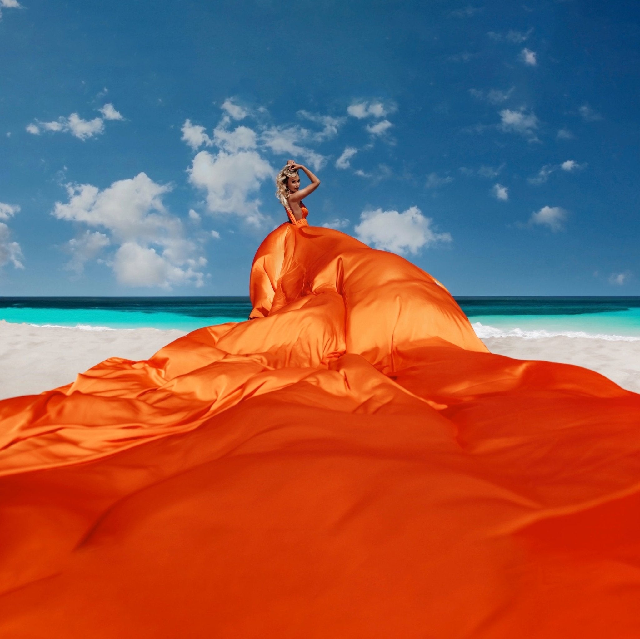 Flying Dress Santorini - Made-to-Measure Dress for Photoshoot | Lansy Orange / Length 178 inch (4.5 M) - Length As On The Photo Flying Dress Santorini - Made-to-Measure Dress for Photoshoot | Lansy Orange / Length 178 inch (4.5 M) - Length As On The Photo