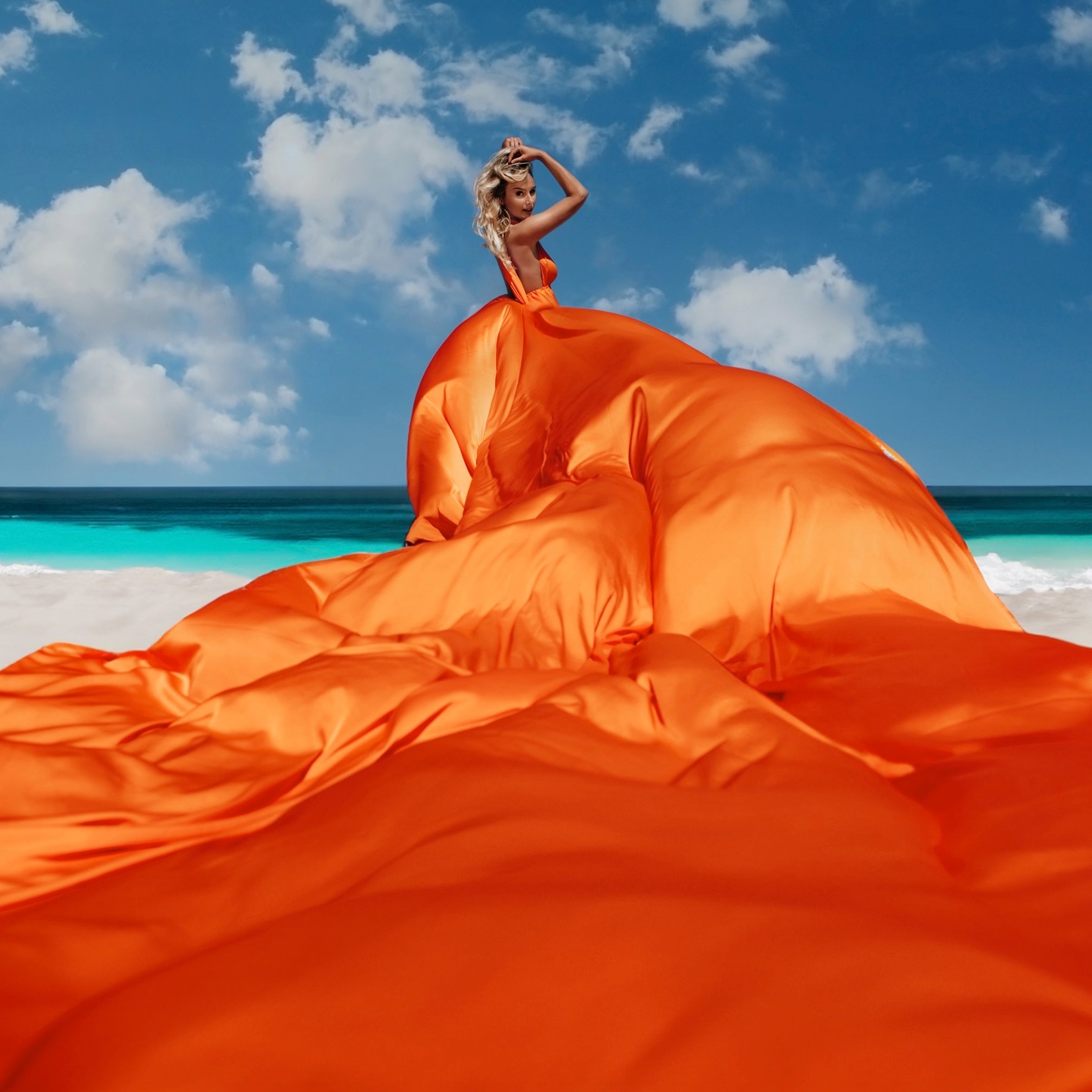 Long Flying Dress - Made-to-Measure Dress for Photoshoot | Lansy Orange / length 79 inch (2 m) - not Flying short train Long Flying Dress - Made-to-Measure Dress for Photoshoot | Lansy Orange / length 79 inch (2 m) - not Flying short train